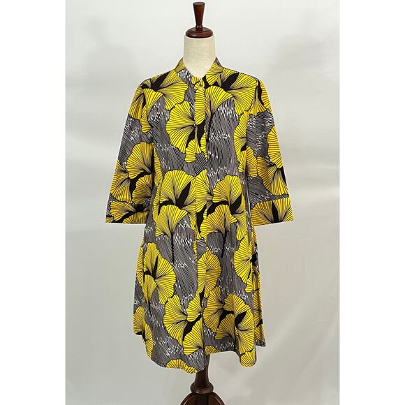 ZURI Kenya S Small Walking on Sunshine Yellow Brown Print 3/4 Slv Shirt Dress - Picture 4 of 9